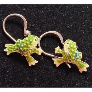 Vintage 925 Sterling Silver Green Enamel Frog Dangle Earrings Mid-Century Style